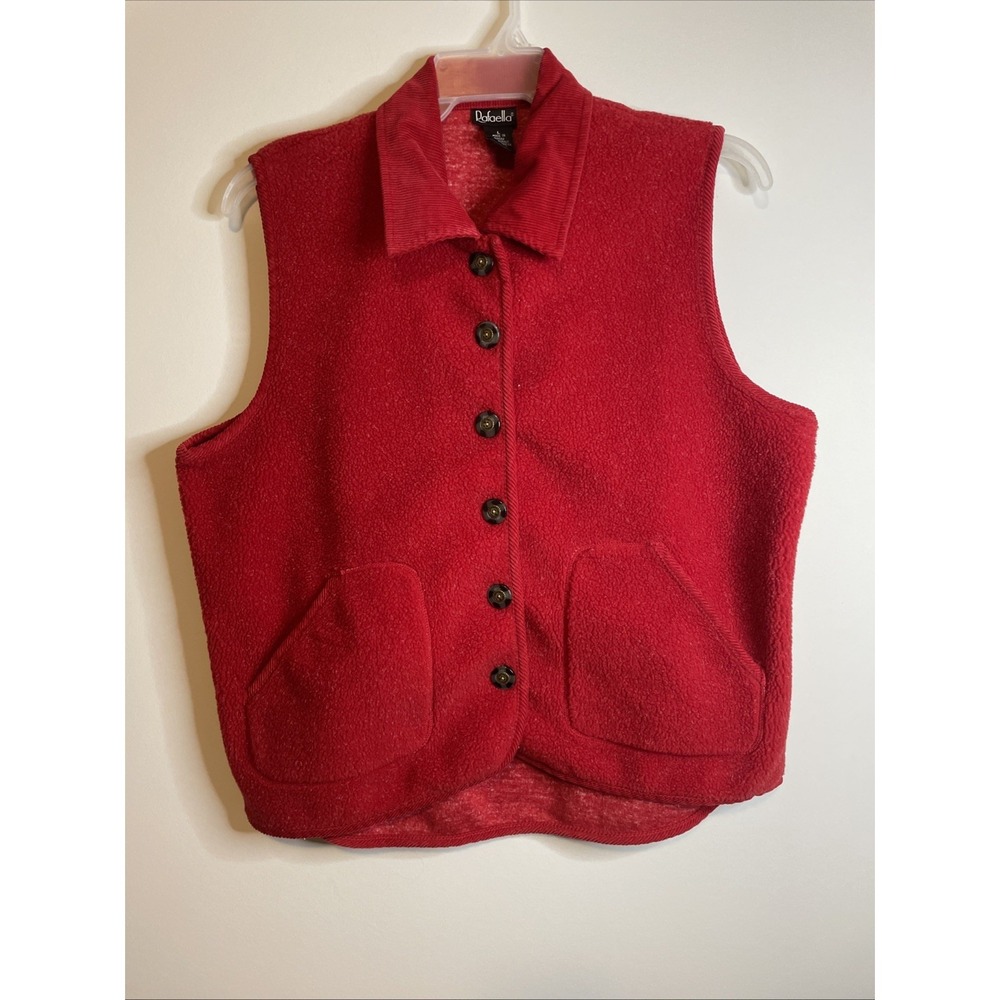 Rafaella Size L Red Sleeveless Collared Button‎ Front Vest Pockets